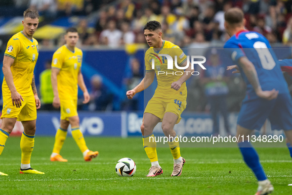 Georgiy Sudakov of Ukraine is controlling the ball  during the UEFA EURO 2024 group stage match between Slovakia and Ukraine at Dusseldorf A...