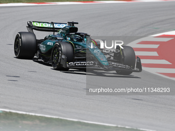 Lance Stroll is participating in free practice of the Catalunya Grand Prix F1 at the Circuit of Catalunya in Barcelona, Spain, on June 21, 2...