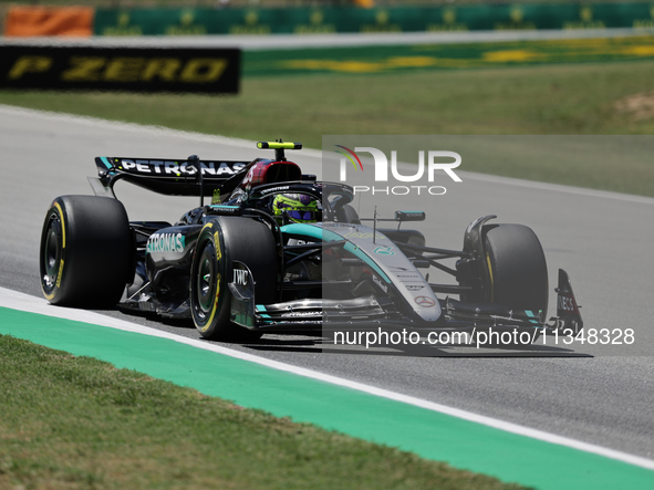 Lewis Hamilton is participating in free practice for the Catalunya Grand Prix F1 at Circuit of Catalunya in Barcelona, Spain, on June 21, 20...