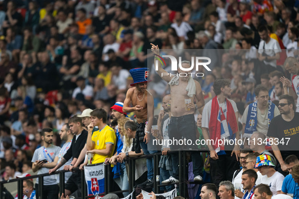 Fans of Slovakia are celebrating  during the UEFA EURO 2024 group stage match between Slovakia and Ukraine at Dusseldorf Arena on June 21, 2...