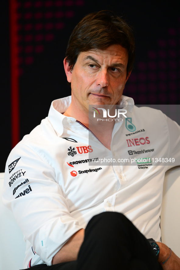 Toto Wolff of Mercedes AMG F1 Team is speaking during the official team principal press conference of the Spanish GP, the 10th round of the...