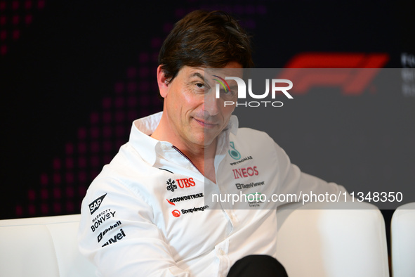 Toto Wolff of Mercedes AMG F1 Team is speaking during the official team principal press conference of the Spanish GP, the 10th round of the...