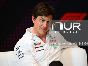 Toto Wolff of Mercedes AMG F1 Team is speaking during the official team principal press conference of the Spanish GP, the 10th round of the...