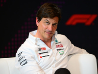 Toto Wolff of Mercedes AMG F1 Team is speaking during the official team principal press conference of the Spanish GP, the 10th round of the...