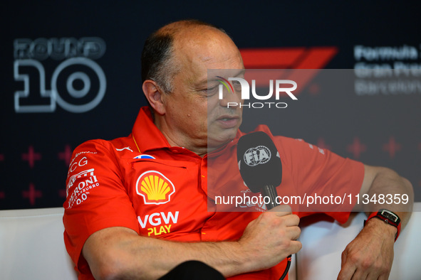 Frederic Vasseur of Scuderia Ferrari is speaking during the official team principal press conference of the Spanish GP, the 10th round of th...