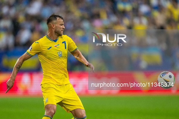 Andriy Yarmolenko of Ukraine is controlling the ball  during the UEFA EURO 2024 group stage match between Slovakia and Ukraine at Dusseldorf...