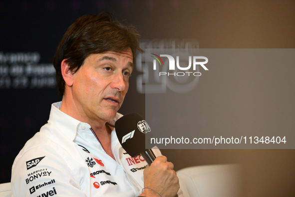 Toto Wolff of Mercedes AMG F1 Team is speaking during the official team principal press conference of the Spanish GP, the 10th round of the...