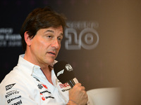 Toto Wolff of Mercedes AMG F1 Team is speaking during the official team principal press conference of the Spanish GP, the 10th round of the...