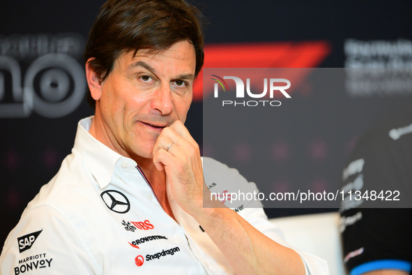 Toto Wolff of Mercedes AMG F1 Team is speaking during the official team principal press conference of the Spanish GP, the 10th round of the...