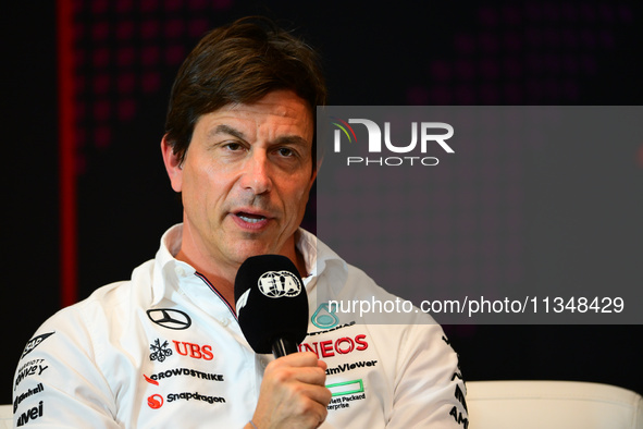 Toto Wolff of Mercedes AMG F1 Team is speaking during the official team principal press conference of the Spanish GP, the 10th round of the...