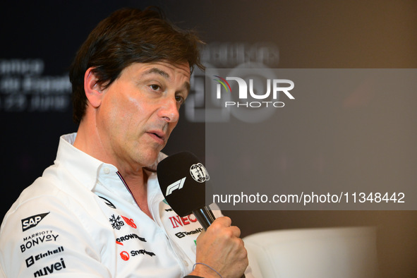 Toto Wolff of Mercedes AMG F1 Team is speaking during the official team principal press conference of the Spanish GP, the 10th round of the...