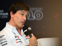 Toto Wolff of Mercedes AMG F1 Team is speaking during the official team principal press conference of the Spanish GP, the 10th round of the...