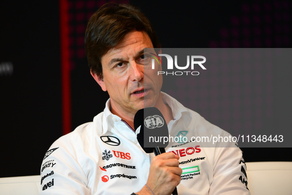 Toto Wolff of Mercedes AMG F1 Team is speaking during the official team principal press conference of the Spanish GP, the 10th round of the...