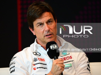 Toto Wolff of Mercedes AMG F1 Team is speaking during the official team principal press conference of the Spanish GP, the 10th round of the...