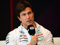 Toto Wolff of Mercedes AMG F1 Team is speaking during the official team principal press conference of the Spanish GP, the 10th round of the...