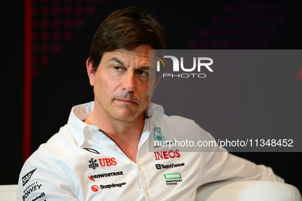 Toto Wolff of Mercedes AMG F1 Team is speaking during the official team principal press conference of the Spanish GP, the 10th round of the...