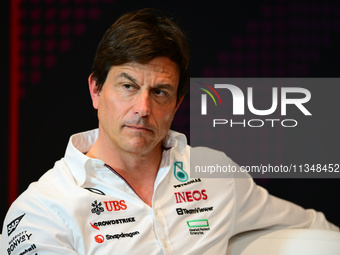 Toto Wolff of Mercedes AMG F1 Team is speaking during the official team principal press conference of the Spanish GP, the 10th round of the...