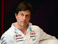 Toto Wolff of Mercedes AMG F1 Team is speaking during the official team principal press conference of the Spanish GP, the 10th round of the...