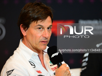 Toto Wolff of Mercedes AMG F1 Team is speaking during the official team principal press conference of the Spanish GP, the 10th round of the...