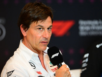 Toto Wolff of Mercedes AMG F1 Team is speaking during the official team principal press conference of the Spanish GP, the 10th round of the...