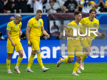 Mykhailo Mudryk, Artem Dovbyk, Georgiy Sudakov, and Ilya Zabarnyi (L-R) of Ukraine are celebrating after their team's first goal  during the...