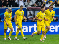 Mykhailo Mudryk, Artem Dovbyk, Georgiy Sudakov, and Ilya Zabarnyi (L-R) of Ukraine are celebrating after their team's first goal  during the...