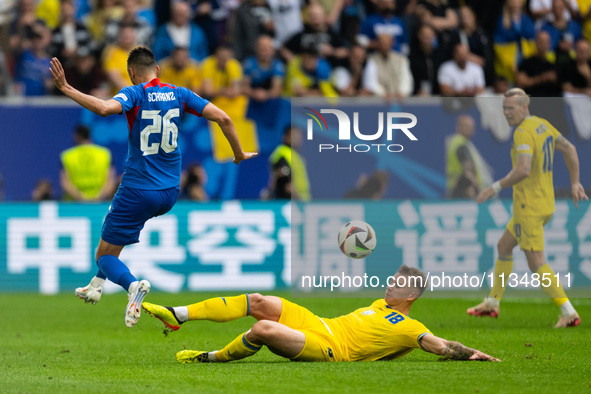 Ivan Schranz of Slovakia is playing against Volodymyr Brazhko of Ukraine  during the UEFA EURO 2024 group stage match between Slovakia and U...