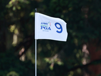 The flag at the 9th hole floats in the breeze during the first round of the KPMG Women's PGA Championship at Sahalee Country Club on Thursda...