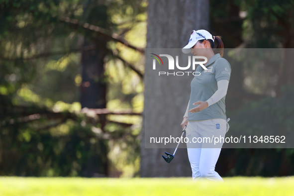 Jin Young Ko of Republic of Korea reacts after putting on the 9th green during the first round of the KPMG Women's PGA Championship at Sahal...