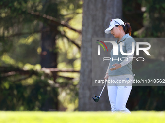 Jin Young Ko of Republic of Korea reacts after putting on the 9th green during the first round of the KPMG Women's PGA Championship at Sahal...