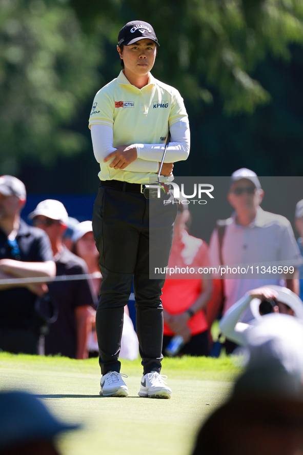 Yuka Saso of Japan waits on the 8th green during the first round of the KPMG Women's PGA Championship at Sahalee Country Club on Thursday, J...