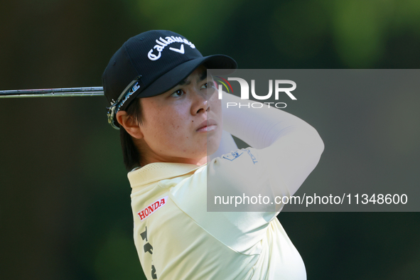 Yuka Saso of Japan hits from the 9th tee during the first round of the KPMG Women's PGA Championship at Sahalee Country Club on Thursday, Ju...