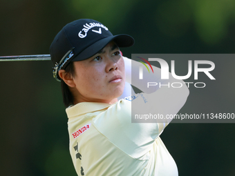 Yuka Saso of Japan hits from the 9th tee during the first round of the KPMG Women's PGA Championship at Sahalee Country Club on Thursday, Ju...