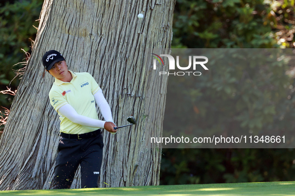 Yuka Saso of Japan chips to the 9th green during the first round of the KPMG Women's PGA Championship at Sahalee Country Club on Thursday, J...