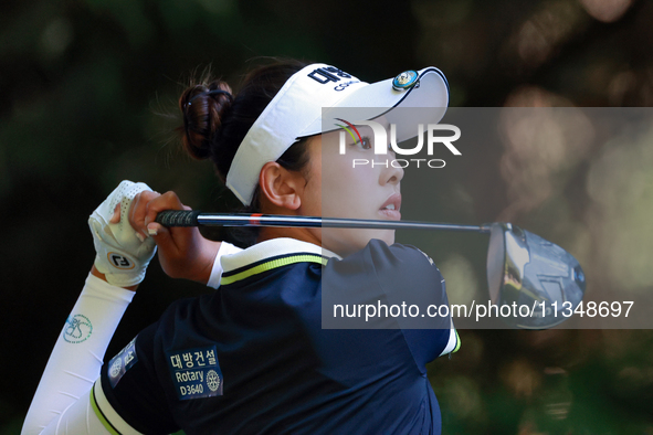 Yealimi Noh  of Concord, California hits from the 16th tee during the first round of the KPMG Women's PGA Championship at Sahalee Country Cl...