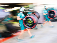 Aston Martin Aramco mechanics during second practice ahead of the Formula 1 Spanish Grand Prix at Circuit de Barcelona-Catalunya in Barcelon...