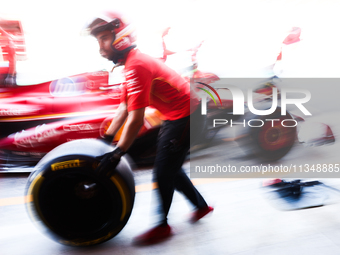 Ferrari mechanic during second practice ahead of the Formula 1 Spanish Grand Prix at Circuit de Barcelona-Catalunya in Barcelona, Spain on J...