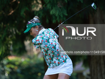 Lexi Thompson of the United States tees off on the 12th hole during Day Two of the KPMG Women's PGA Championship at Sahalee Country Club in...