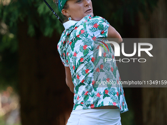 Lexi Thompson of the United States tees off on the 12th hole during Day Two of the KPMG Women's PGA Championship at Sahalee Country Club in...