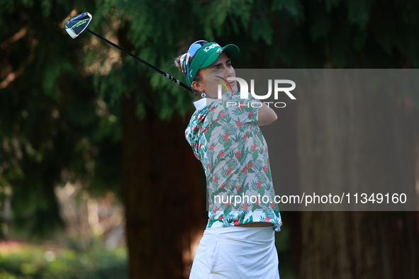 Lexi Thompson of the United States tees off on the 12th hole during Day Two of the KPMG Women's PGA Championship at Sahalee Country Club in...