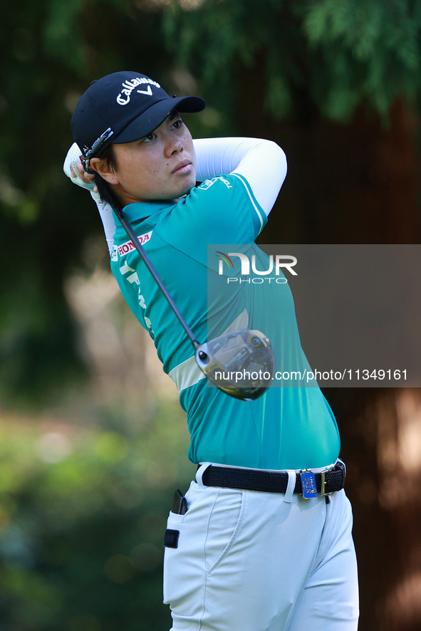 Yuka Saso of Japan tees off on the 12th hole during Day Two of the KPMG Women's PGA Championship at Sahalee Country Club in Sammamish, Washi...