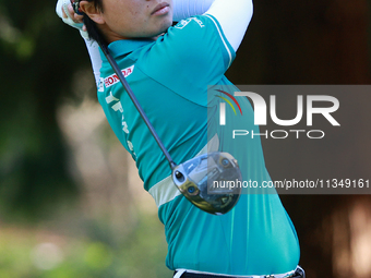 Yuka Saso of Japan tees off on the 12th hole during Day Two of the KPMG Women's PGA Championship at Sahalee Country Club in Sammamish, Washi...