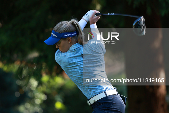 Brooke Henderson of Canada tees off on the 12th hole during Day Two of the KPMG Women's PGA Championship at Sahalee Country Club in Sammamis...