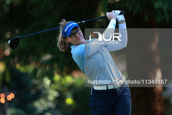 Brooke Henderson of Canada tees off on the 12th hole during Day Two of the KPMG Women's PGA Championship at Sahalee Country Club in Sammamis...