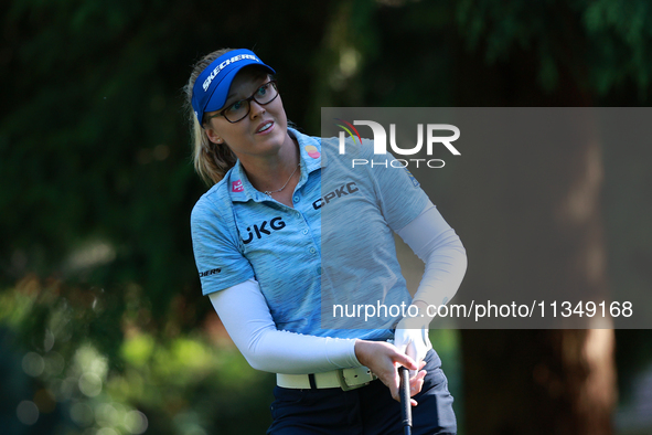 Brooke Henderson of Canada tees off on the 12th hole during Day Two of the KPMG Women's PGA Championship at Sahalee Country Club in Sammamis...