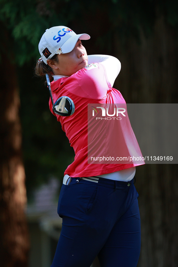 Ariya Jutanugarn of Thailand tees off on the 12th hole during Day Two of the KPMG Women's PGA Championship at Sahalee Country Club in Sammam...