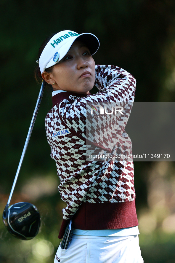 Lydia Ko of New Zealand tees off on the 12th hole during Day Two of the KPMG Women's PGA Championship at Sahalee Country Club in Sammamish,...