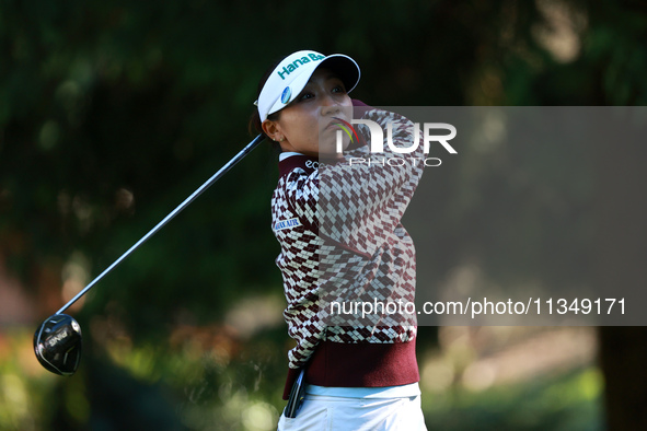 Lydia Ko of New Zealand tees off on the 12th hole during Day Two of the KPMG Women's PGA Championship at Sahalee Country Club in Sammamish,...