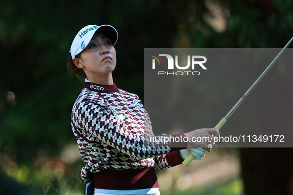 Lydia Ko of New Zealand tees off on the 12th hole during Day Two of the KPMG Women's PGA Championship at Sahalee Country Club in Sammamish,...