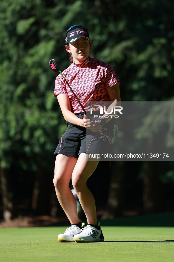 Chisato Iwai of Japan reacts to her putt on the 11th green during Day Two of the KPMG Women's PGA Championship at Sahalee Country Club in Sa...